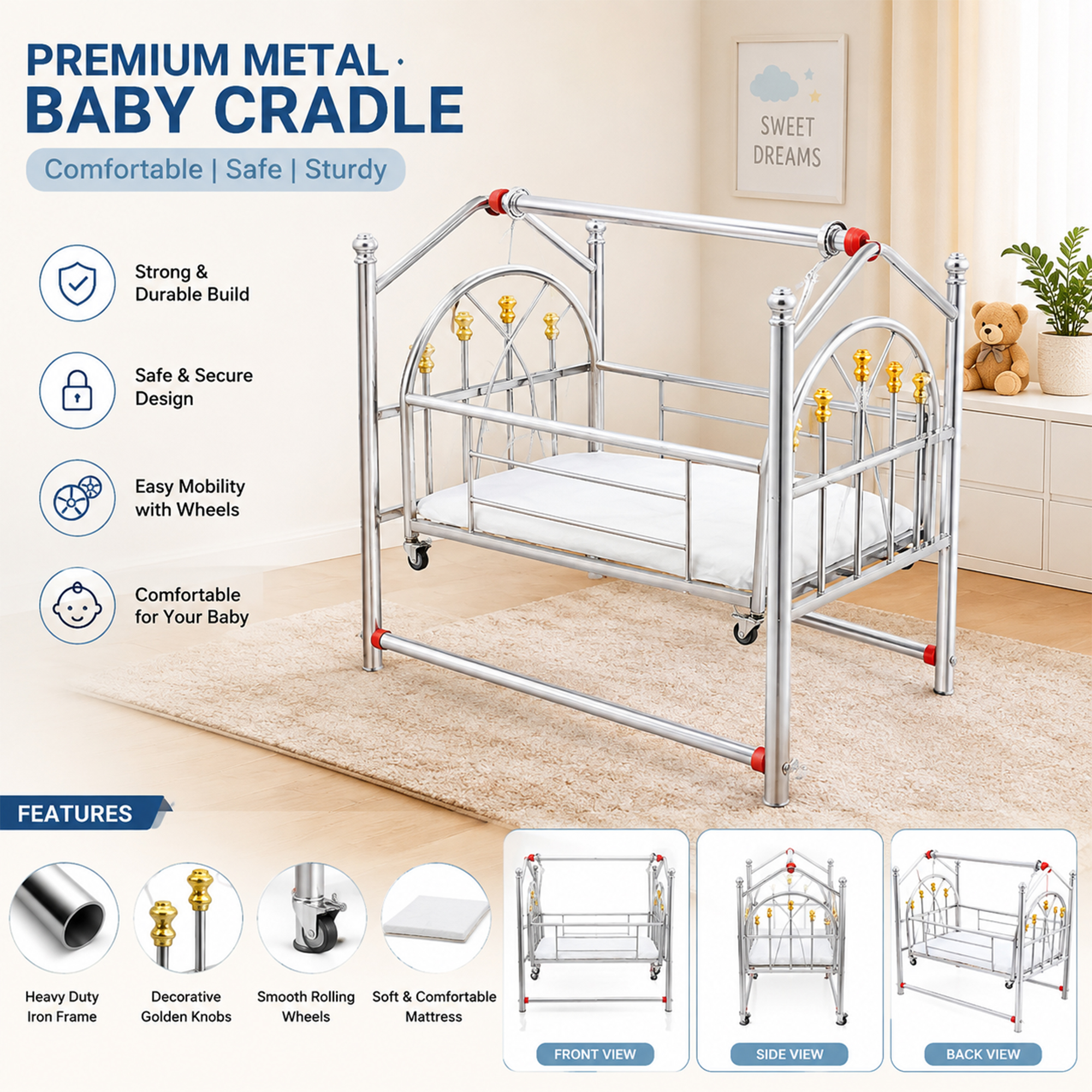 Premium Stainless Iron Baby Swing Cradle | Newborn Baby Jhoola with Wheels | Portable Baby Cot | Baby Bassinet Bed | Heavy Duty Infant Swing | Silver Baby Cradle Pakistan