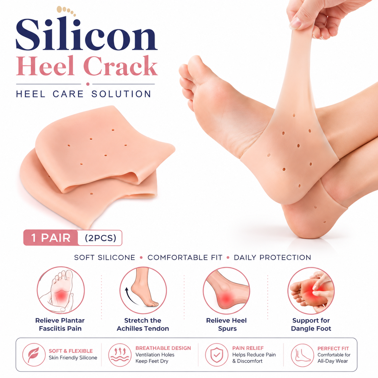 1 Pair (2PCS) Silicon Heel Socks for Pain Relief Silicone Gel Tip Toe Heel Pad Socks for Men and Women Original Gel Heel Protector Heel Guard Heel Spur Relief Pair