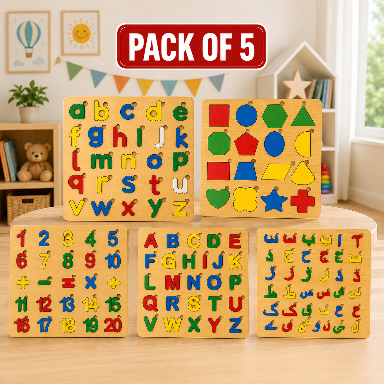Pack of 5 Wooden Educational Alphabet Puzzle Boards for Kids | Made In Pakistan | English Capital ABC, English Small abc, Urdu Alphabet , Numbers & Math, Shapes Matching Board | Montessori Learning Toy | Preschool Wooden Puzzle | Educational Toy Gift