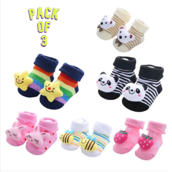 Pack of 3 Newborn Baby Booties 2 in 1 Socks Shoes - Multicolor