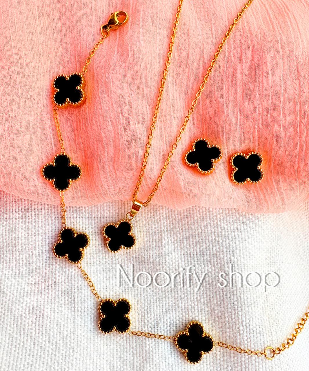 18k Black Clover Stainless Steel Complete Jewellery Set | Double-Sided Trendy Clover Necklace, Earrings & Five-Leaf Bracelet for Girls & Women