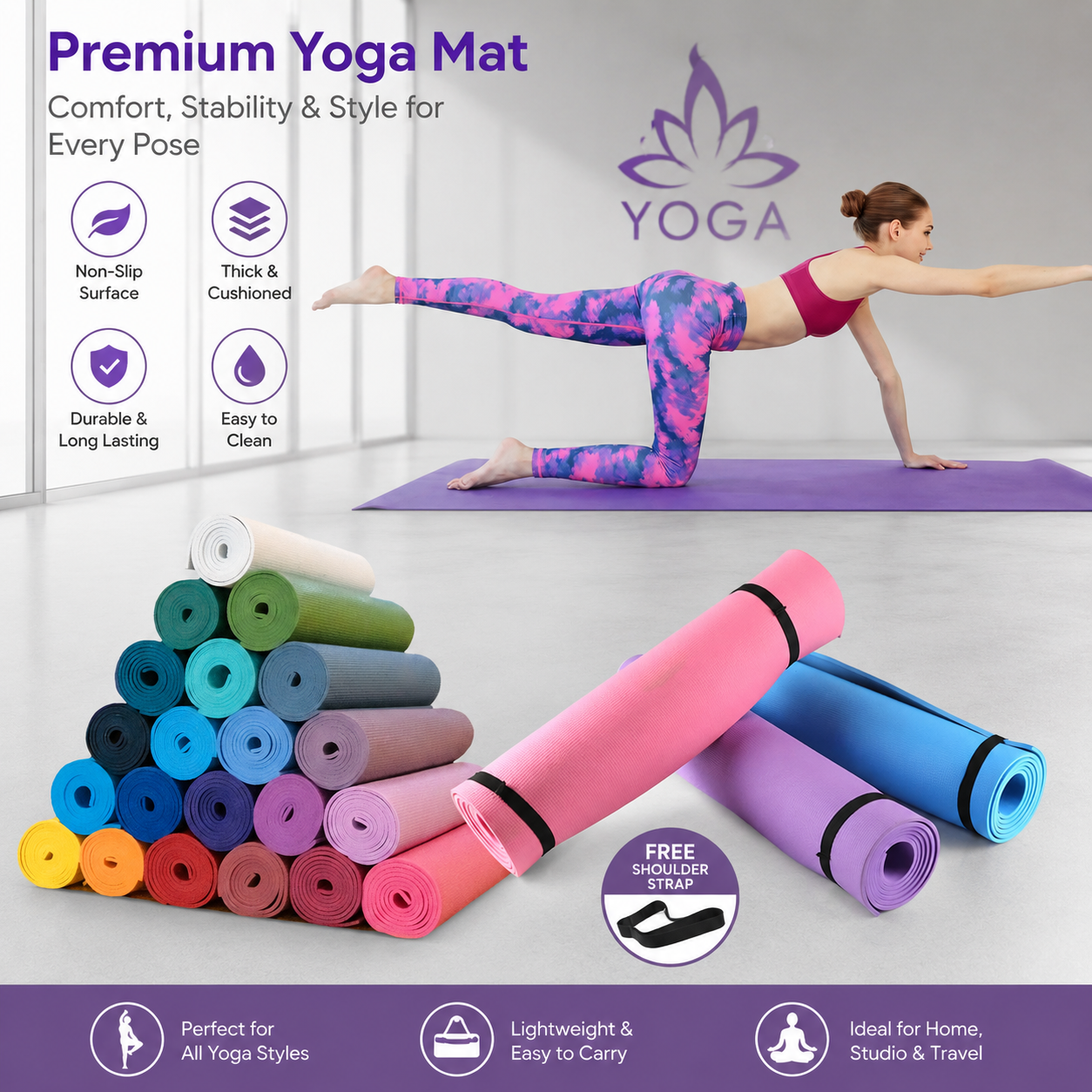 Premium EVA Yoga Mat 10mm Non-Slip Exercise Mat with FREE Shoulder Strap | Gym, Yoga, Pilates & Home Workout Mat