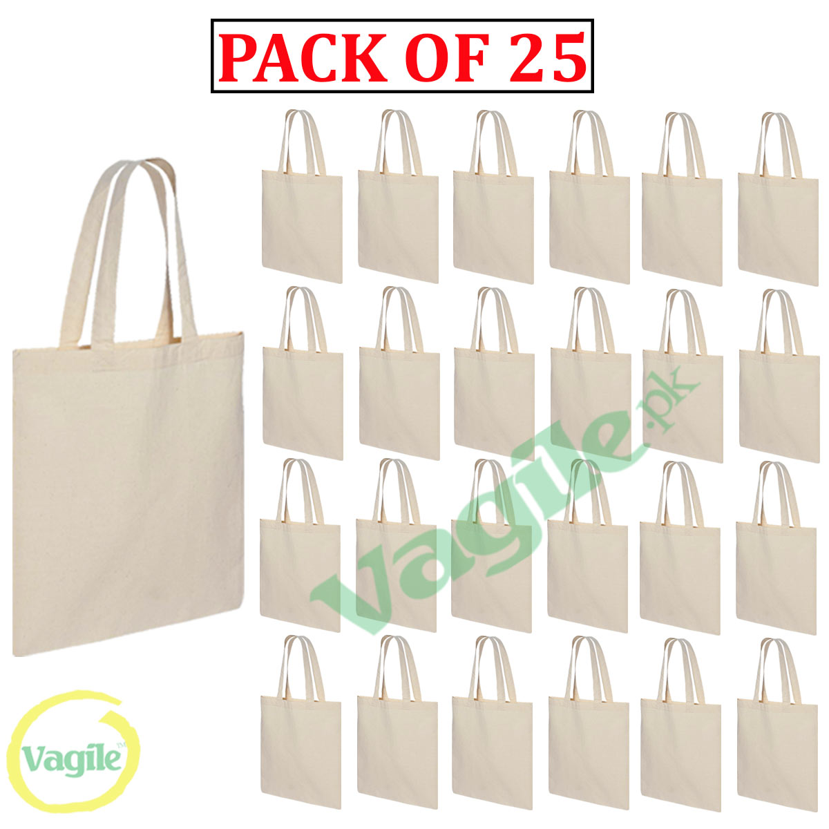 Vagile Pack of 25 Cotton Tote shopping Bags Plain Eco Friendly 38cm x 42cm  quality craft party bag (WHITE) - Main Image