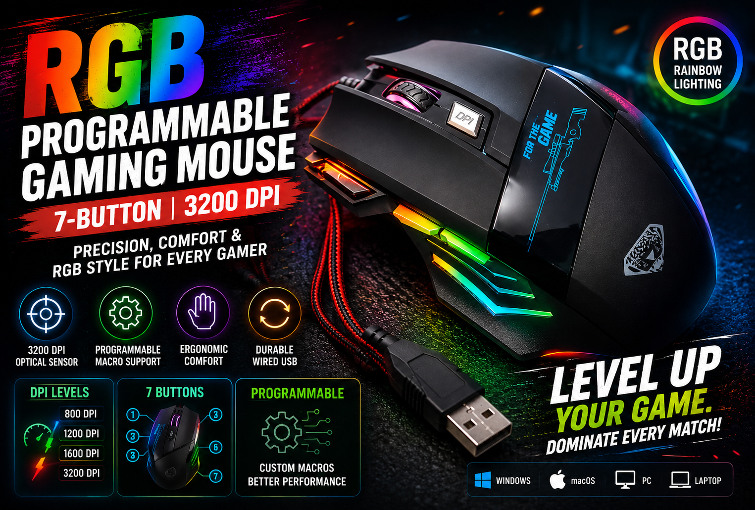 7 Button RGB Gaming Mouse Wired - Programmable Pro Gaming Mouse with Side Buttons, 3200 DPI Optical Ergonomic Design