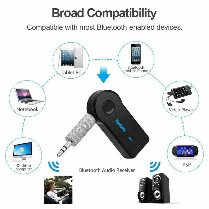 Bluetooth Aux Car Transmitter Rechargeable Audio Receiver Handsfree with Mic | Universal 3.5mm Jack Wireless Auto Stereo Audio Adapter for Car Home Speaker PC | Portable A2DP Music Streaming Receiver with FREE Aux Connector – Abid Store