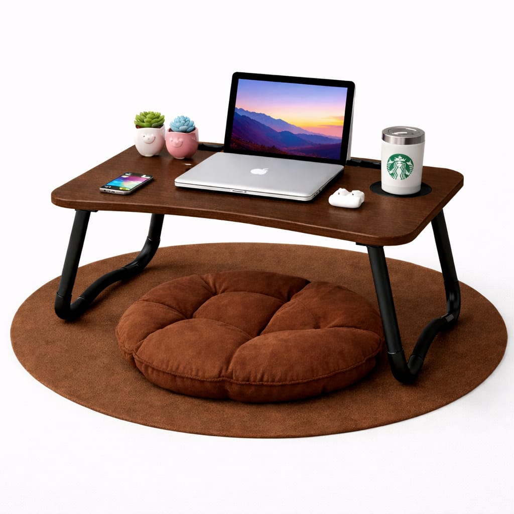 Wooden Gaming Laptop Table For Bed Fordable Stand Ergonomic Portable Notebook Reading Food Breakfast Serving,Inbuilt Tablet Holder,cup holder with drawer Couch Black,Brown,Beige And Bronze,High Quality 0.75 Inches Thick shiny Table Adjustable Multipurpose