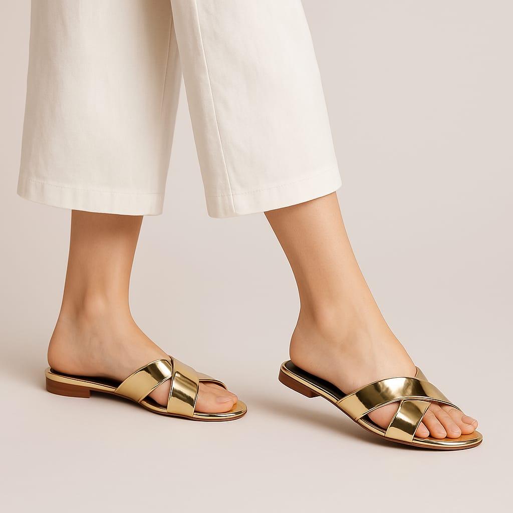 Foot Foward- Women’s Black and Golden Crisscross Flat Slippers – Stylish Casual Summer