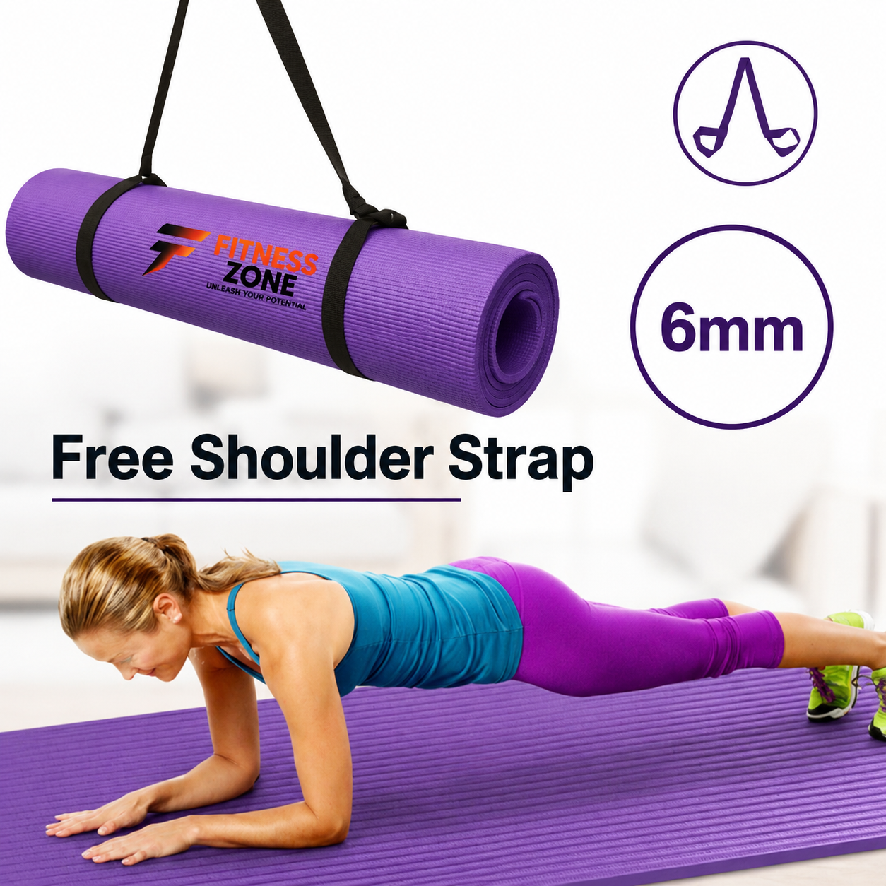 6mm Yoga Mat Best Quality / Prices Anti slip mats with free Shoulder Strap. Fitness Zone