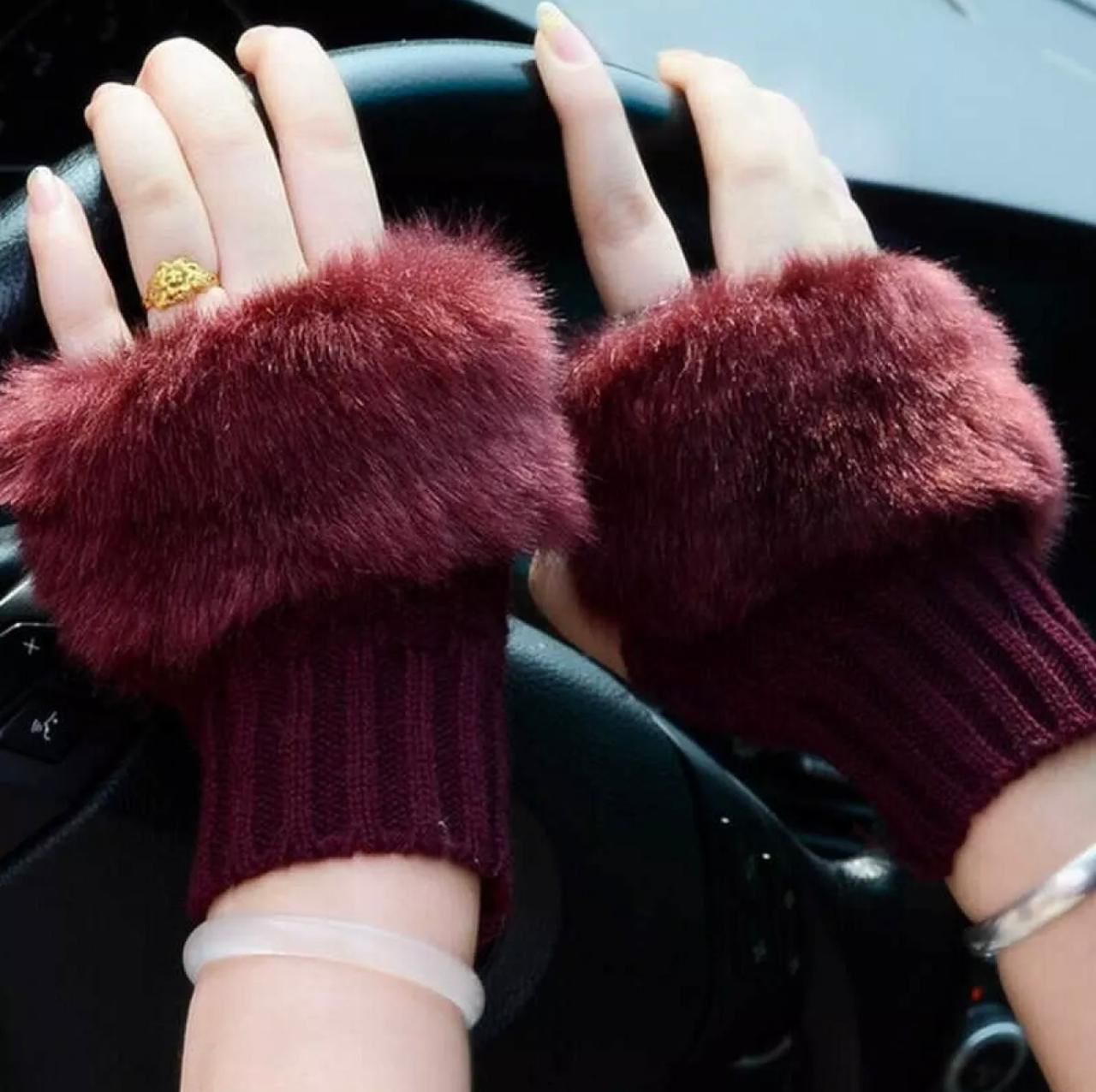 GLOVES IN CREPE PINK WOOL WITH RABBIT FUR 456296