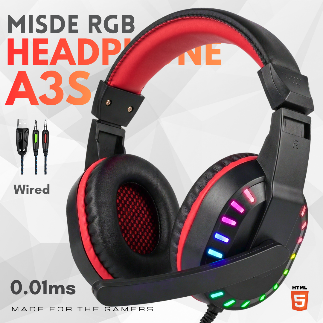 Misde A3S RGB Gaming Headset with Microphone  3D Spatial Surround Sound Over Ear Headphones for PC Laptop Mobile PS4 PS5 Xbox  Professional Noise-Canceling Wired Gaming Gear Multi-Variant Headset Setup Core Bundle – Abid Store