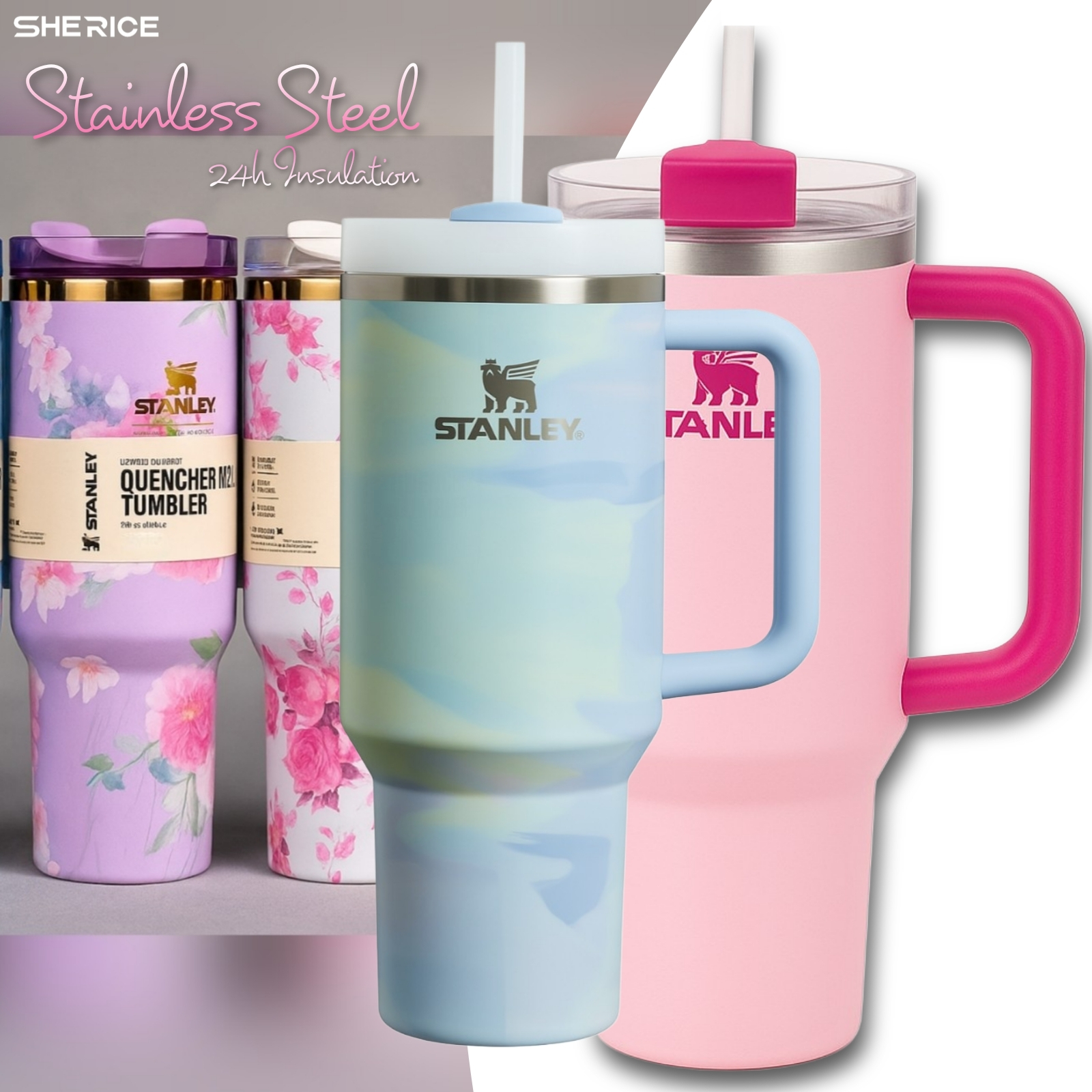 Stanley Tumbler Mugs (40oz-1200ml) Stainless Steel Tumbler Water Bottles 8 hours Vacuum Insulation with Leak Proof Handle Straw & Lid Double Wall Insulated Thermal Coffee Cup Tumbler for Girls Boys Hot & Cold Drinks Travel, Gym, Office, Outdoor Use