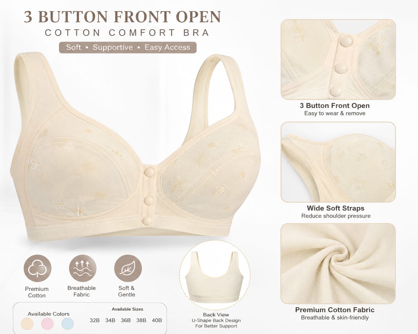 Front Opening Cotton Maternity Nursing Bra - 3 Button, Wireless, Non-Padded, for Breastfeeding Moms