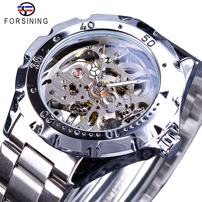 Forsining 2018 Stainless Steel Gear Case Skeleton Clock Men s Mechanical Watches Top Brand Luxury Luminous Hands Daraz.pk