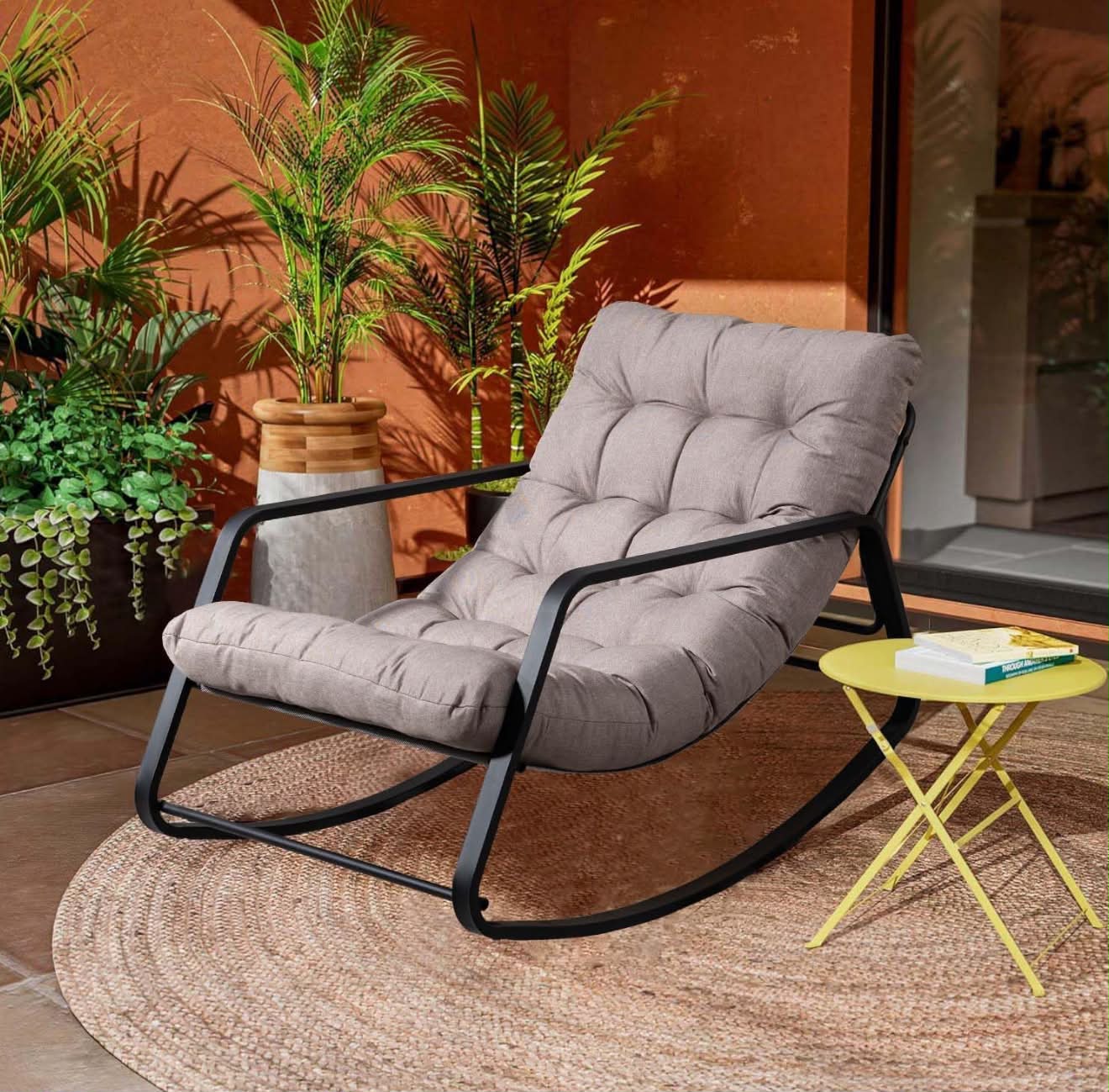 Outdoor Rocking Chair Sleeping chair relaxe chair Rocking Chair with Iron Frame with Valvet Cushion Comfortable Balcony Rocking Chair Lounge Chair Lounge Sofa Comfortable Rocking Chair