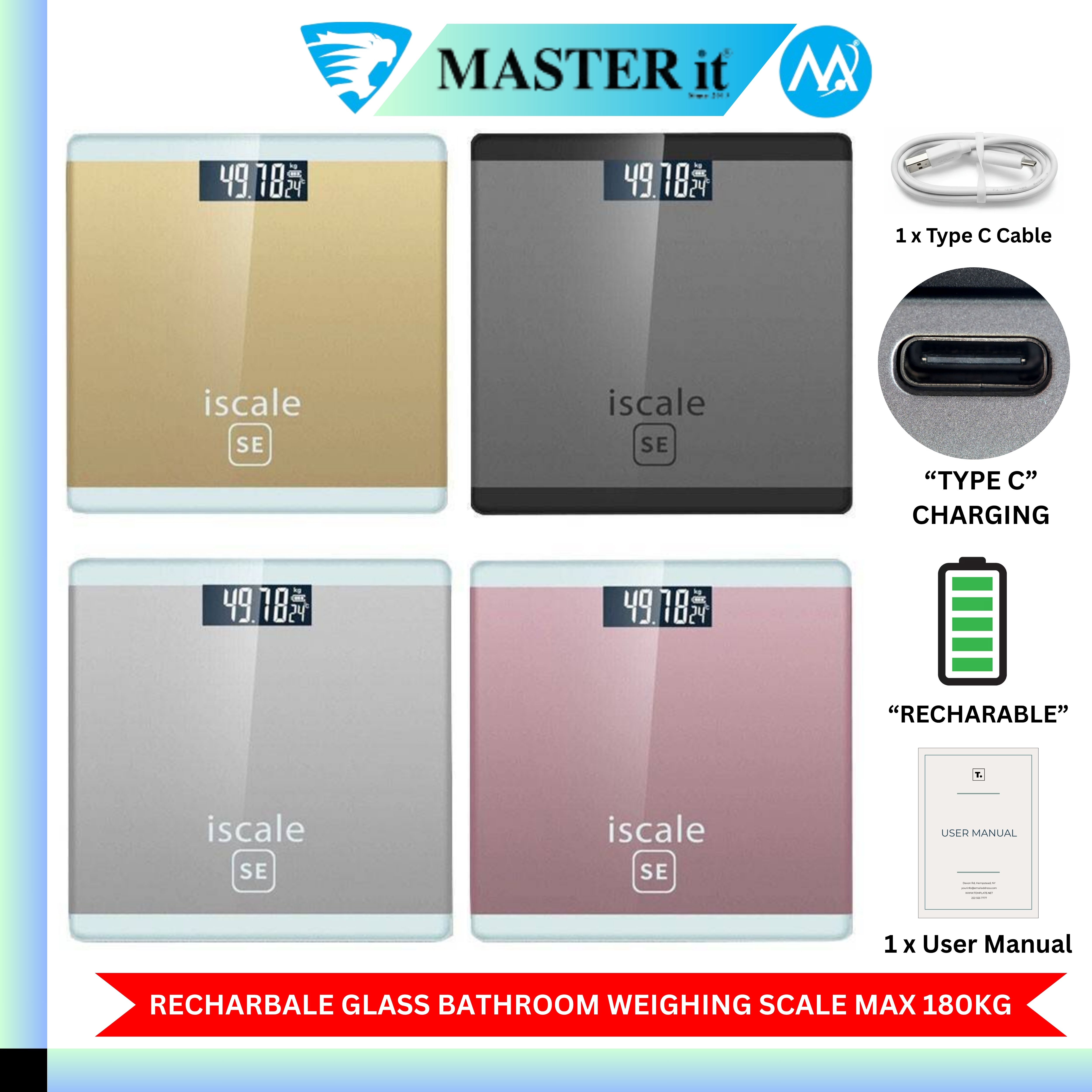 Upto 180kg iScale Rechargeable Weight Machine - Digital Heavy Duty Electronic Weighing Scale with Dual LED Display - Heavy Electric Weight Machine With Durable Steel Quality - For Home & Personal Use - Black/Golden/Pink/Silver
