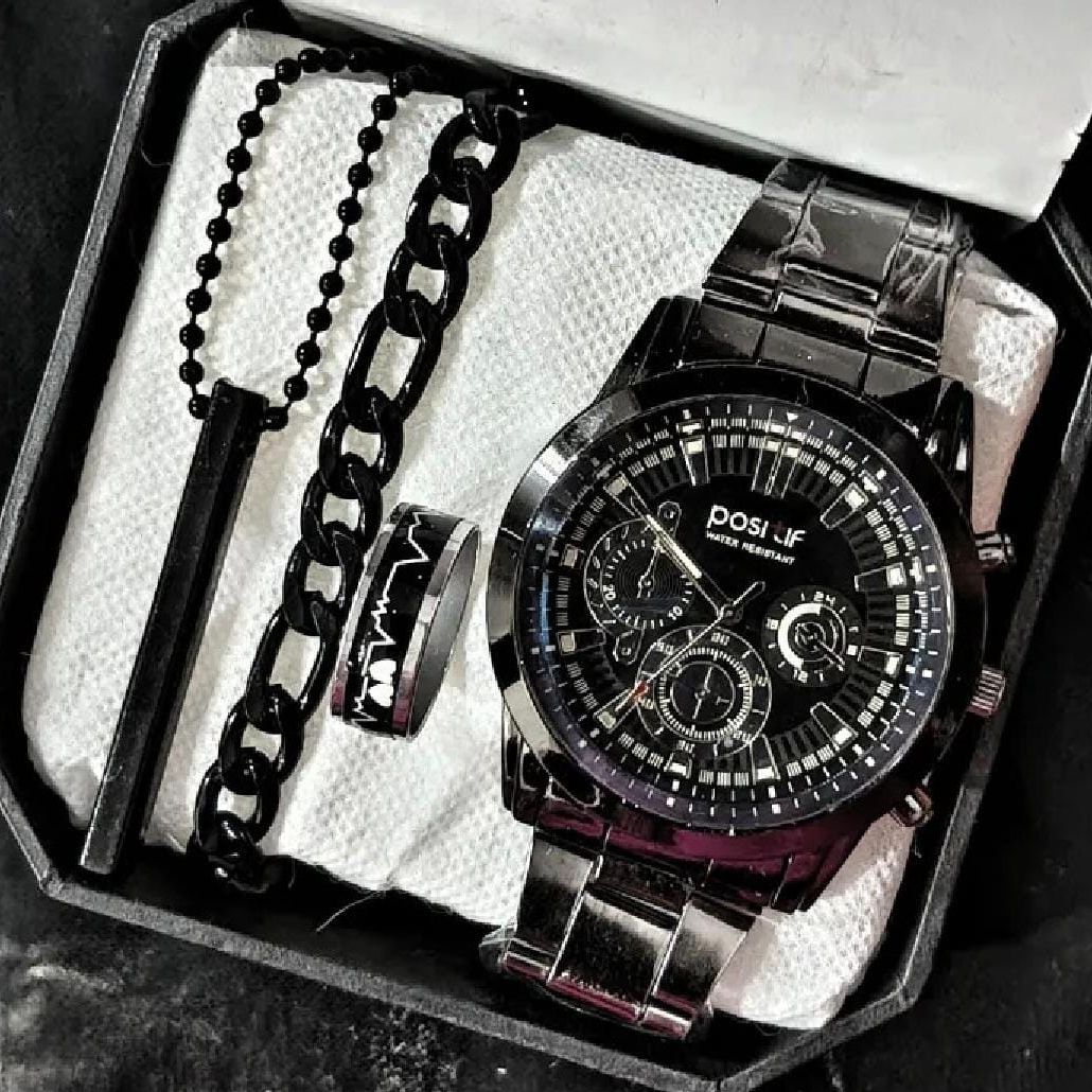 Premium Men’s Luxury steel straps round dial watches hand watch-silver watch- men watches-watch for boys-watch for men-watch for kids-watch for young's-watch for boys + Bracelet + With Chain+Ring -High Quality stylish-branded-watch Best  for Gift