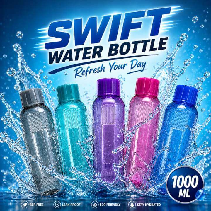(PACK OF 6) - SWIFT Unbreakable Refrigerator Fridge Water Bottles 1000ml Design Made of Food Grade PET Plastic, Unbreakable Water Bottles for Office, Gym, and Outdoor activities