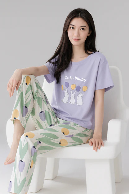 Night Suit for Women & Girls Cute Bunny Sleepwear Set – Soft Cotton Night Wear Ladies Sleeping Dress Pajama Set Comfortable Loungewear (S-XL)