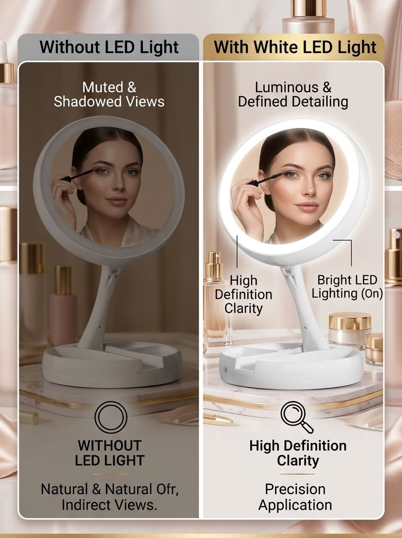 Double Sided Folding LED Makeup Mirror with Light | USB Power & Battery Lighted Vanity Mirror | Foldable Portable Tabletop Cosmetic Mirror with Stand & Storage Tray (1X/10X)