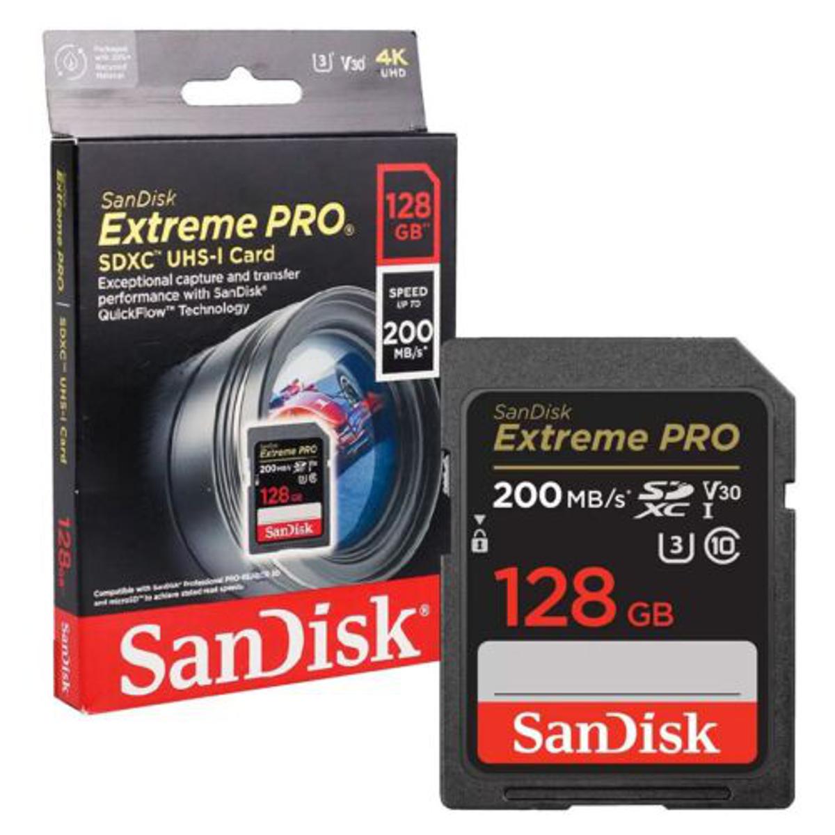 100% Original SanDisk 128GB-200MB/s Extreme PRO SDXC UHS-I Memory Card -  C10, U3, V30, 4K UHD, SD Card