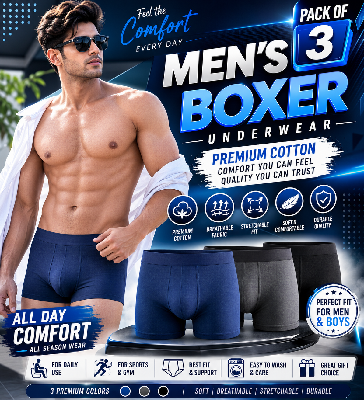 Premium Men's Boxer Underwear | Pack of 1 & Pack of 3 | Export Quality Soft Comfortable Breathable Boxers for Men | Four Season Daily Wear Innerwear | Stretchable Elastic Waist | Skin Friendly Lightweight | Full Day Comfort | Home Office Gym Sports Travel