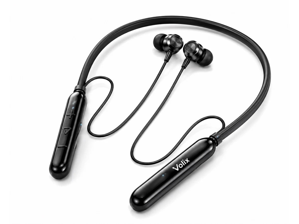 Volix V-6200 Wireless Neckband Earphones - 30 Hours Playtime - ENC HD Calling - Gaming Mode Low Latency - Magnetic Auto On/Off - Voice Changer - Vibration Alert Bluetooth Neckband
