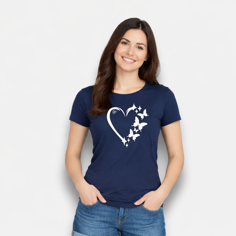 MK Garments - Butterfly Heart Printed Half Sleeves T-Shirt, Round Neck Women T-Shirt, Cotton Jersey Tops Casual Wear For Girls