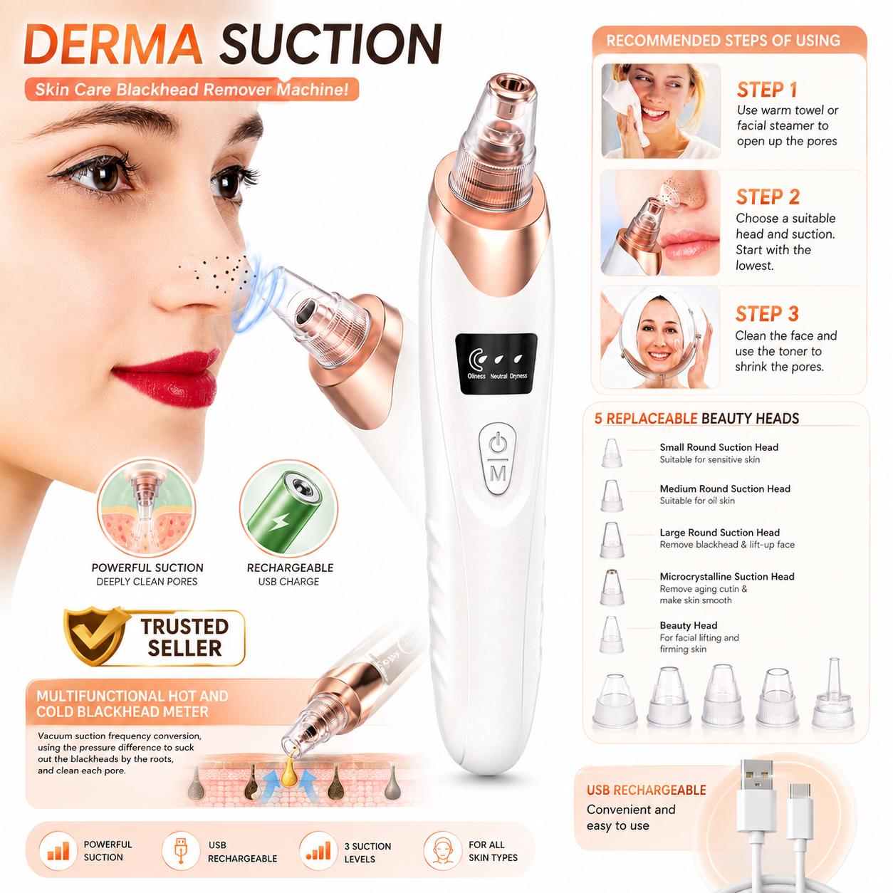 5-in-1 Derma Suction Blackhead Remover Machine | Pore Vacuum Cleaner | Acne Pimple Extractor | Facial Pore Suction Tool | Deep Face Cleaning | Whitehead & Blackhead Removal | Rechargeable Skin Care  Multi-Functional Skin Care Beauty Tool for Nose  & Face