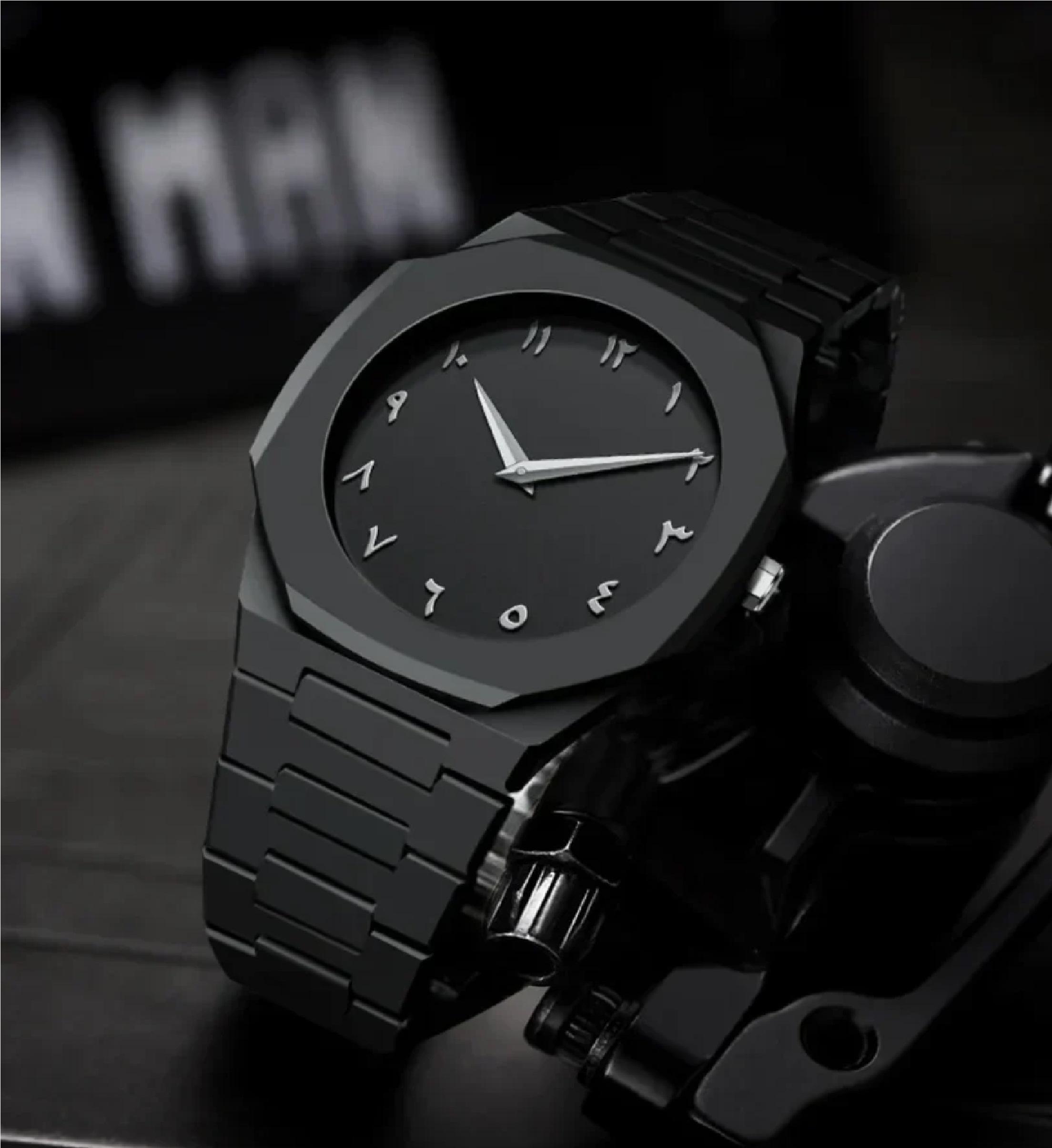 Black arabic aura watch for men black dial with Arabic numerals fiber chain unisex Butterfly Clasp Aura Smart Watch price in Pakistan
