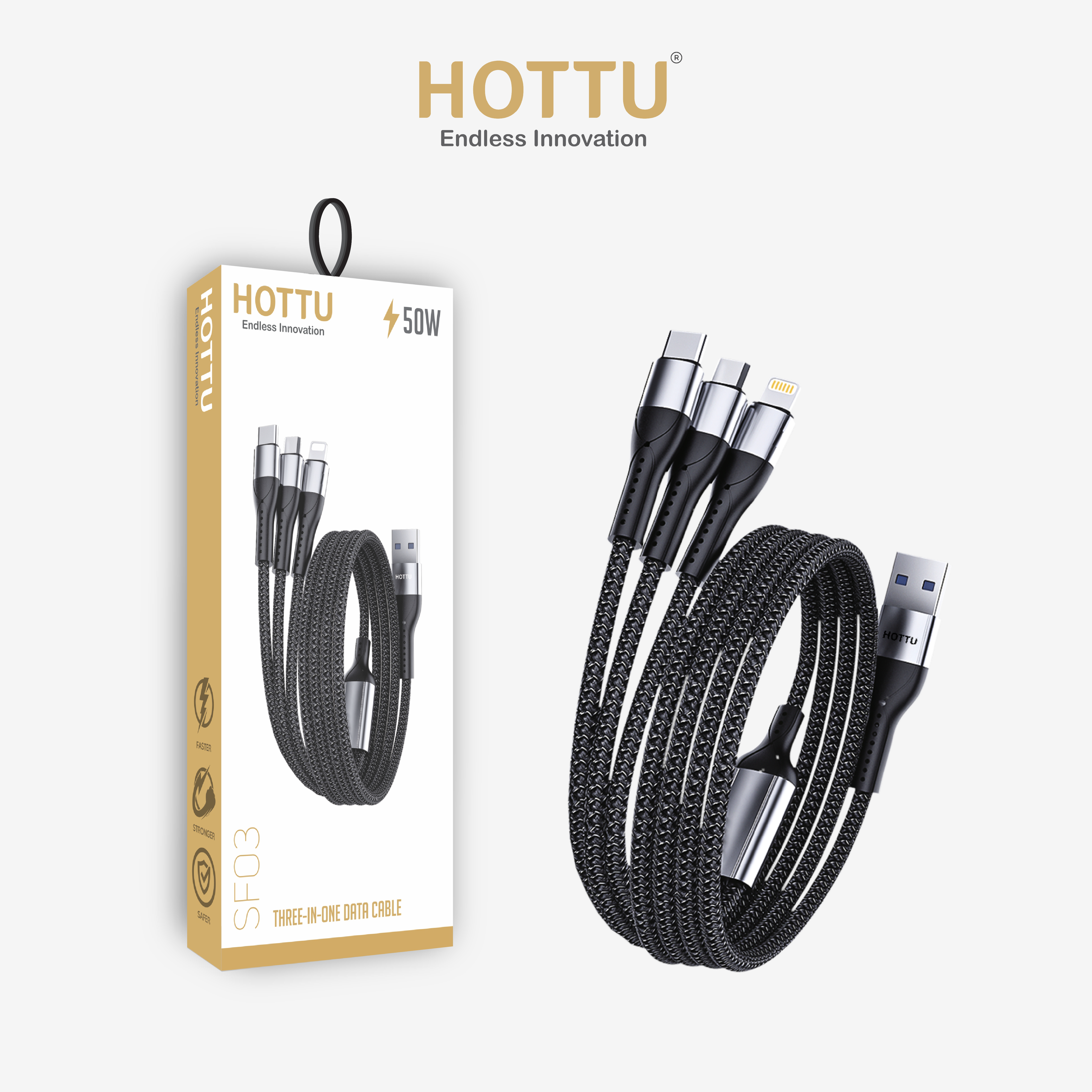 HOTTU SF03 Universal Data Cable 50W Lightning, Type C, Micro, Versatile and Powerful Charging, 3 in 1 Charging cable