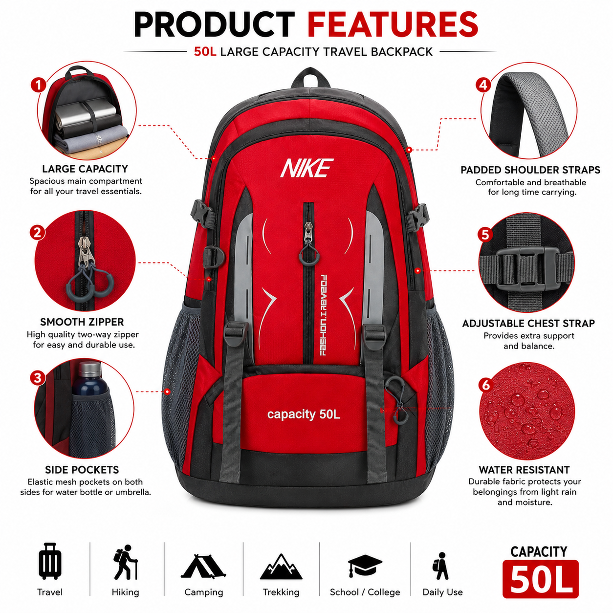 50L Large Capacity Travel Backpack | Hiking Camping Bag | Waterproof Sports Backpack with Chest Strap | Black & Red