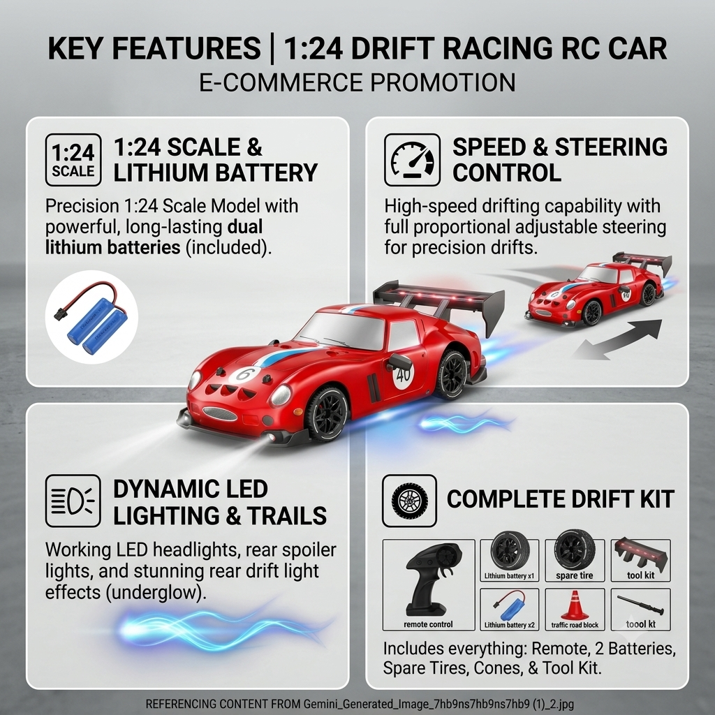 KIDDO KASTLE -  Remote Control Speed Racing 1:24 RC VINTAGE FERRARI Drift Car With LED | RC FERRARI 4x4 Drifting Car 2.4G RC Drift Car with LED Light Rechargeable Remote Control Racing Car Vehicle Replaceable Tire Competition Race Car Toy For Kids Boys