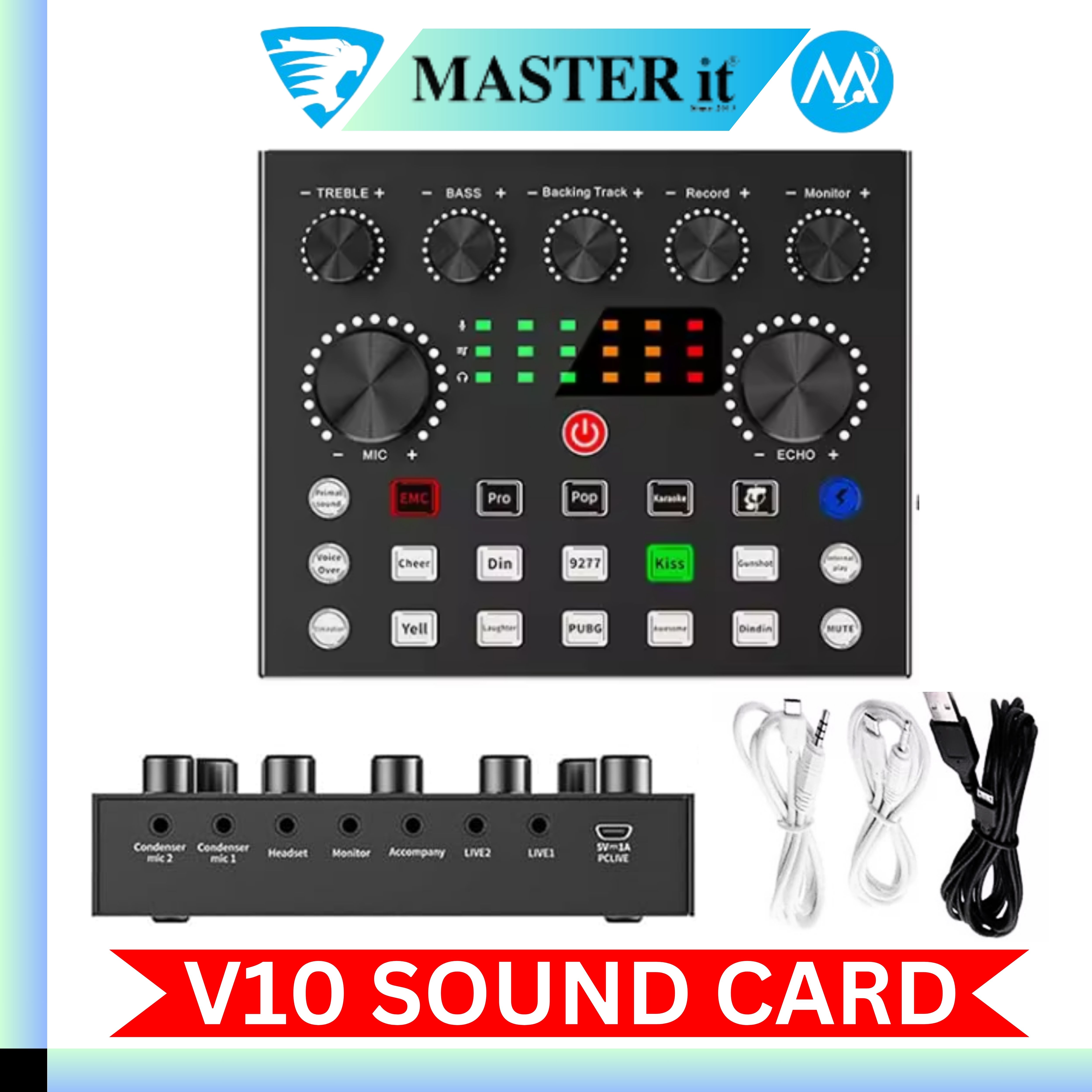 Mini V8 Sound Card & V10 Sound Card Bluetooth Audio Mixer & Voice Changer - 12 Sound Effects Lithium Rechargeable Battery - For Live Streaming & Broadcasting & Podcast - Compatible With PC Computer  - Black