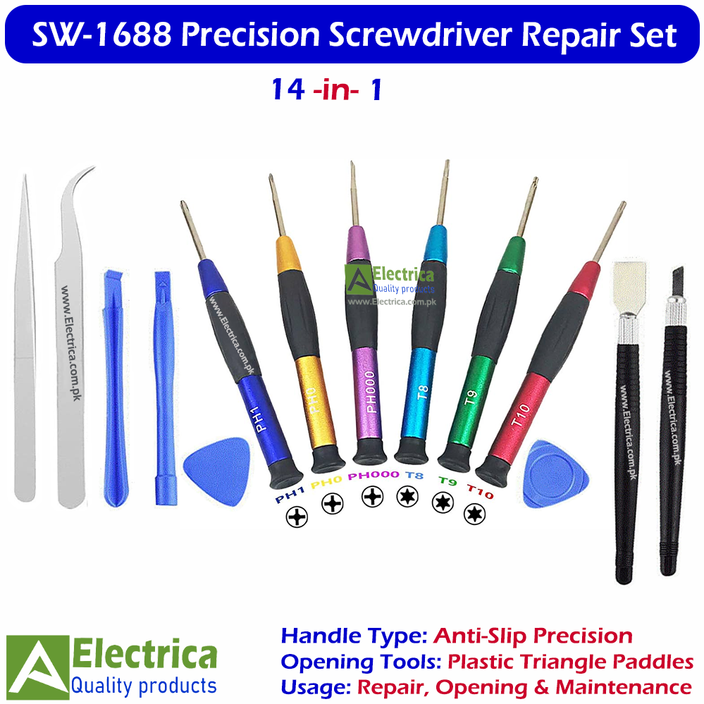SW-1688 14-in-1 Precision Screwdriver Repair Tool Kit | Professional Magnetic Screwdriver Set with Tweezers, Pry Tools & Opening Tools for Mobile, Laptop & Electronics by Electrica