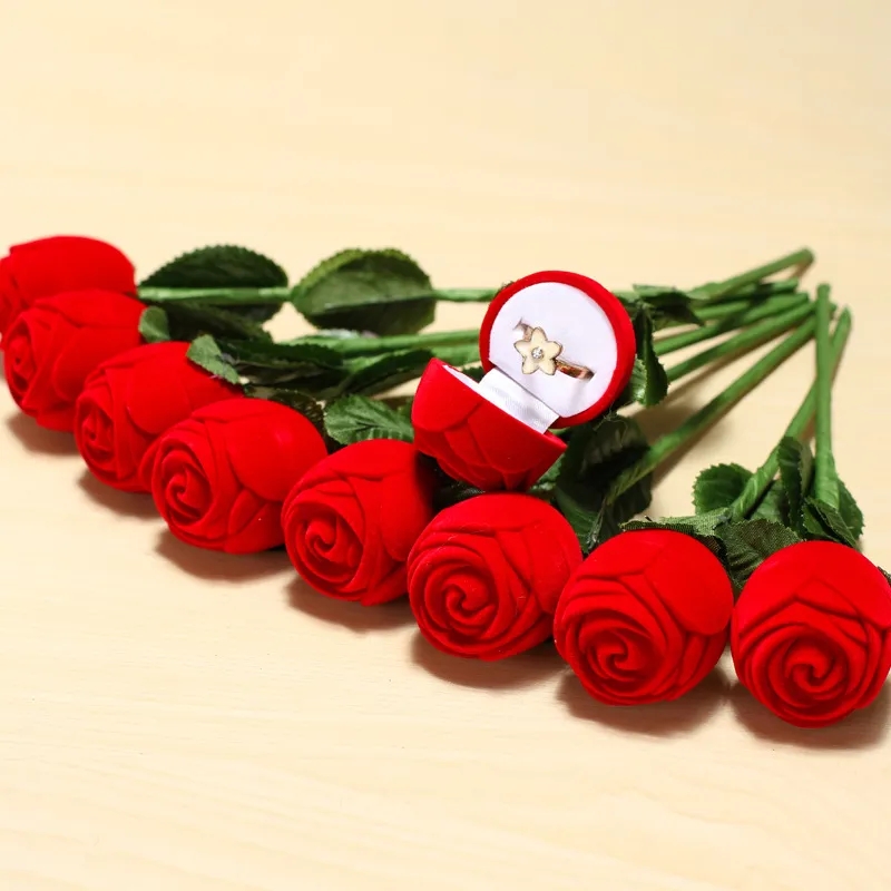 Rose Flower Ring Box Velvet Red Rose ring jewelry Box Display Holder gift Box Bridal Wedding jewelry storage box