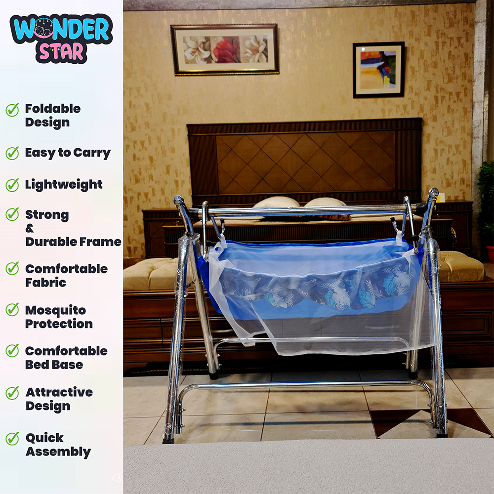 Wonder Star Premium Foldable Baby Cradle Jhoola  Chulungi Style with Mosquito Net  Portable Baby Cot  Chrome Coated Frame  Model 099
