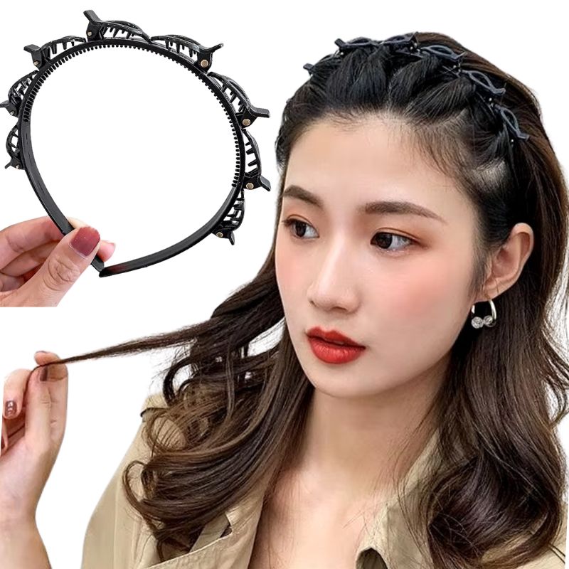 Black Double Layer Resin Hair Band with Alligator Clips Flexible, Comfortable, Korean Braided Design