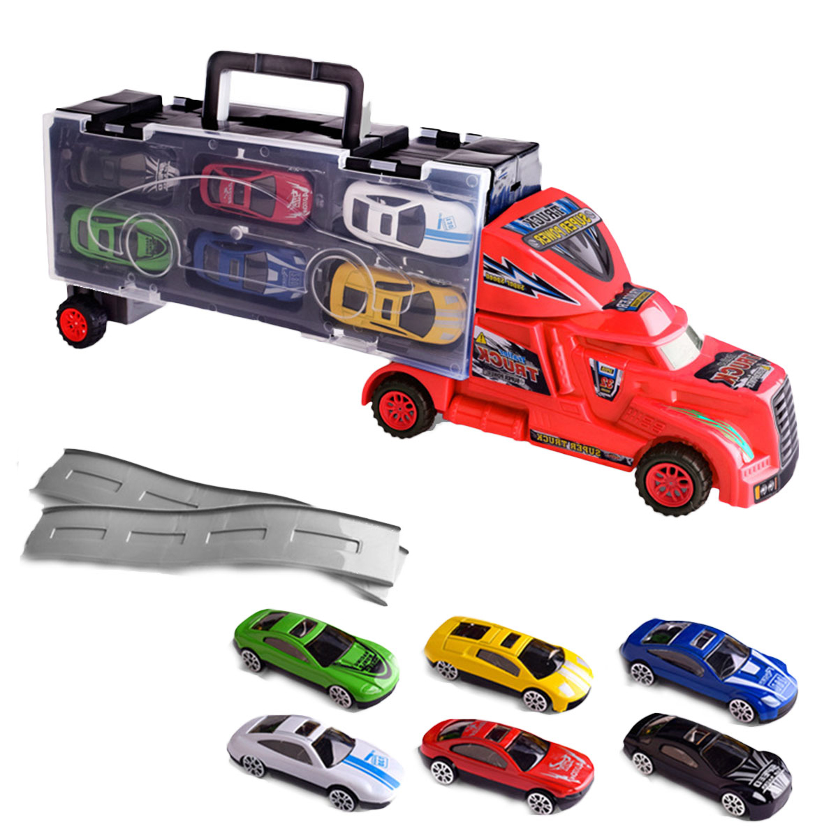 Transport Truck Container With 6 Pullback Cars Toys Set For Kids And Boys - Pull Back Car Toy Vehicle Set