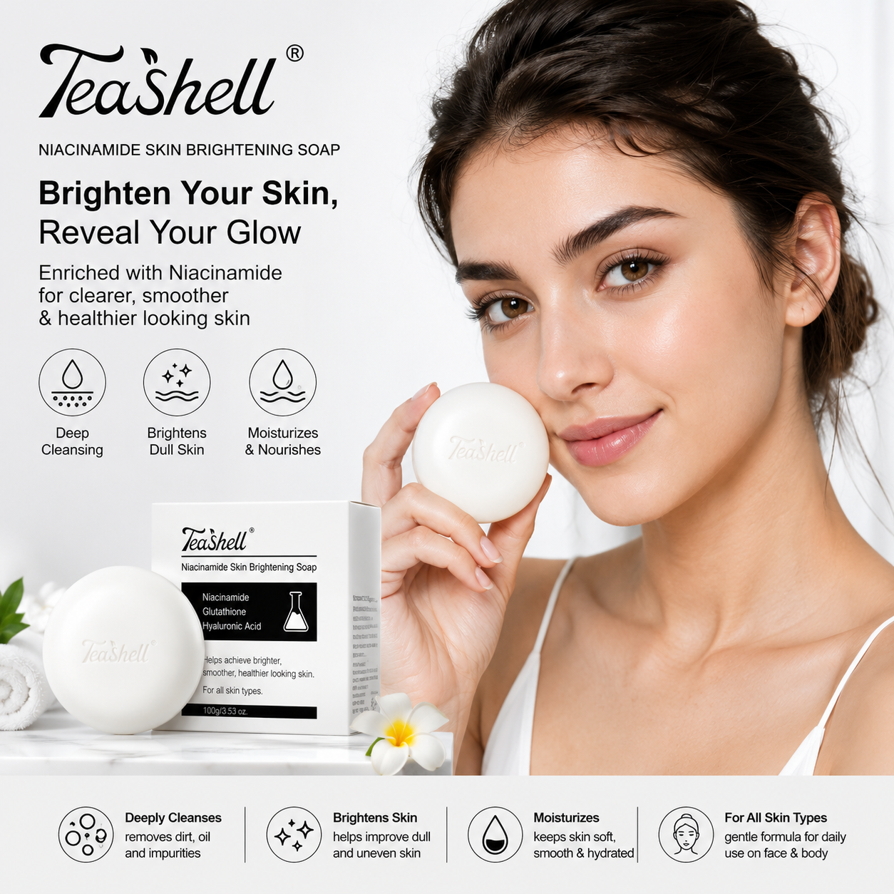 TeaShell Niacinamide Skin Brightening Soap 100g | Deep Cleansing Face & Body Soap | Moisturizing Soap | Smooth & Healthy Looking Skin | For Men & Women