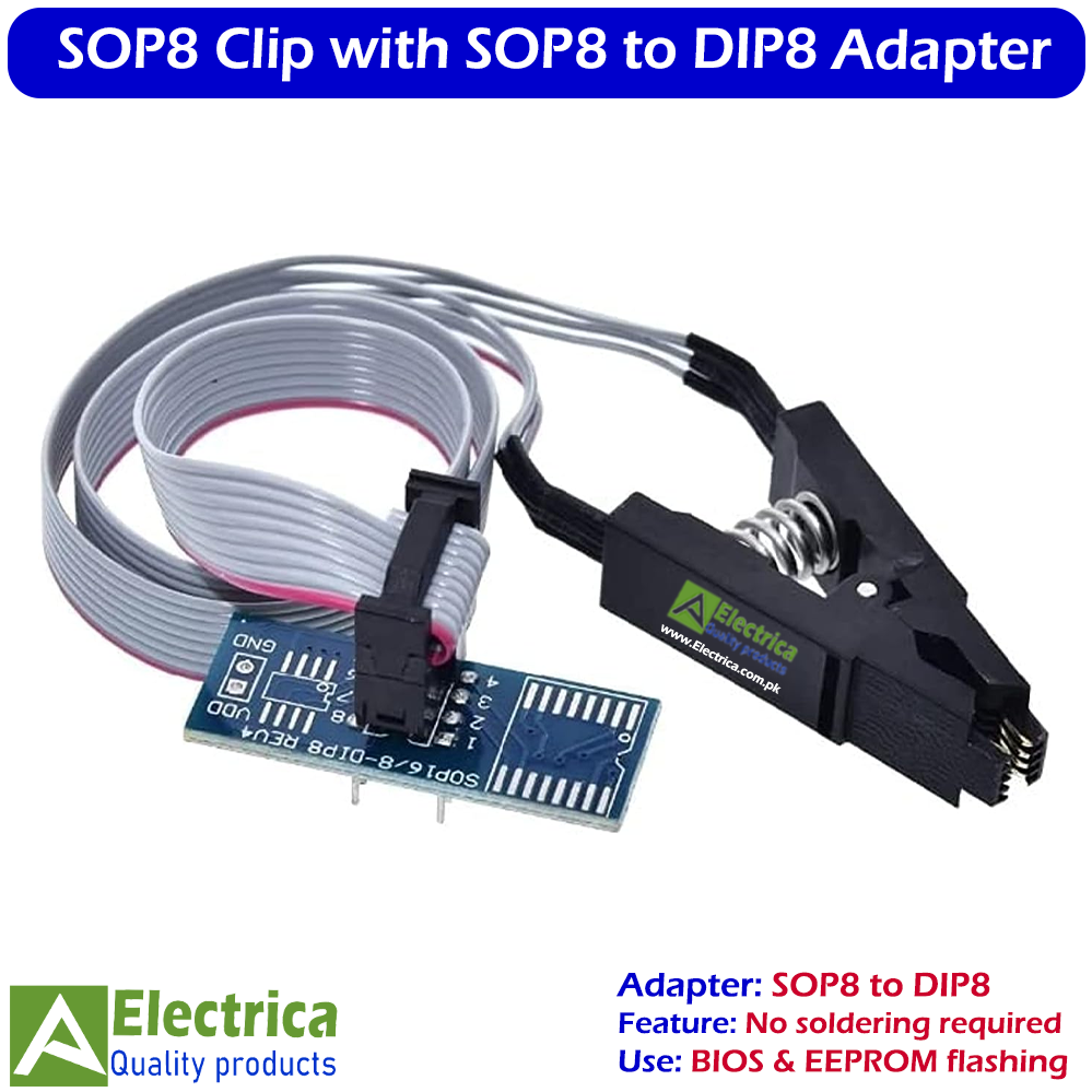 SOP8 Test Clip with SOP8 to DIP8 Adapter Cable | EEPROM Flash Memory Programming Clip for CH341A, TL866II Plus, EZP2019 & 24/25 Series Chips by Electrica