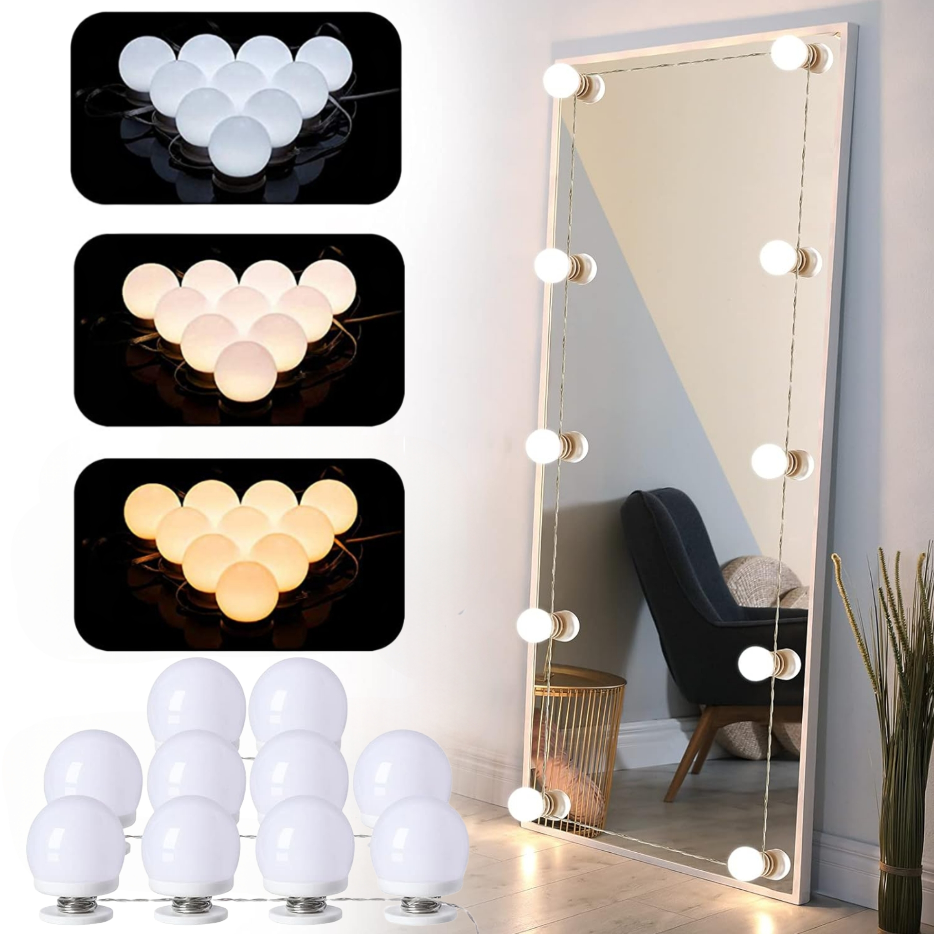 Vanity Light LED Bulbs for Makeup Mirror Stand | 10 Bulbs with 3 Light Modes