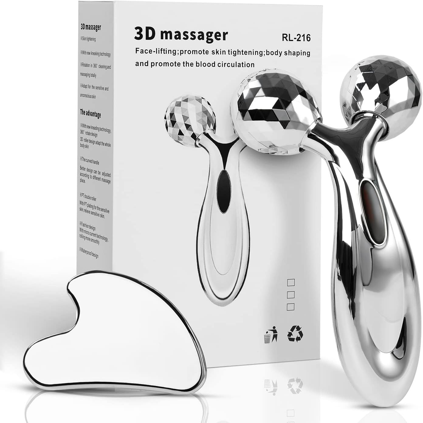 3D Roller Massager & Stainless Steel Gua Sha Scraper Set | Face, Neck, Eye & Body Massage Tool for Slimming, Facial Beauty Tool for Lifting, Firming, Anti-Wrinkle, Puffiness Reduction & Relaxing Massage Skin Care, Muscle Relaxation & Lymphatic Drainage