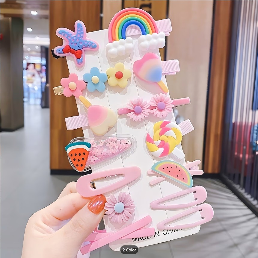 6 Pin set Baby Girls Cartoon Hair Clips – Cute Candy Color Plastic Hair Pins | Unicorn, Rainbow, Duckbill Clips for Kids | Adorable Side Bang Clips Gift Set