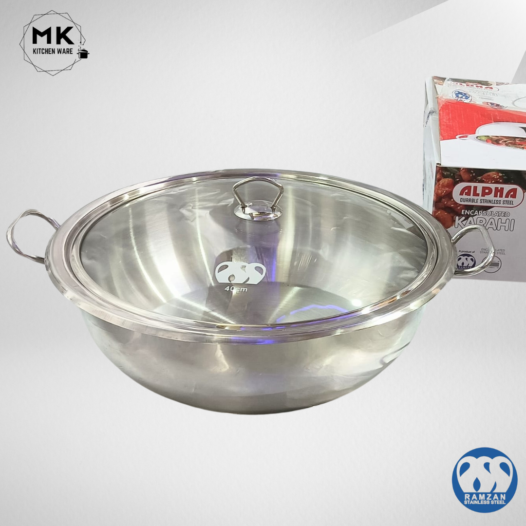 Cooking Wok /Karahi | Alpha Stainless Steel Karahi with Glass Lid ...