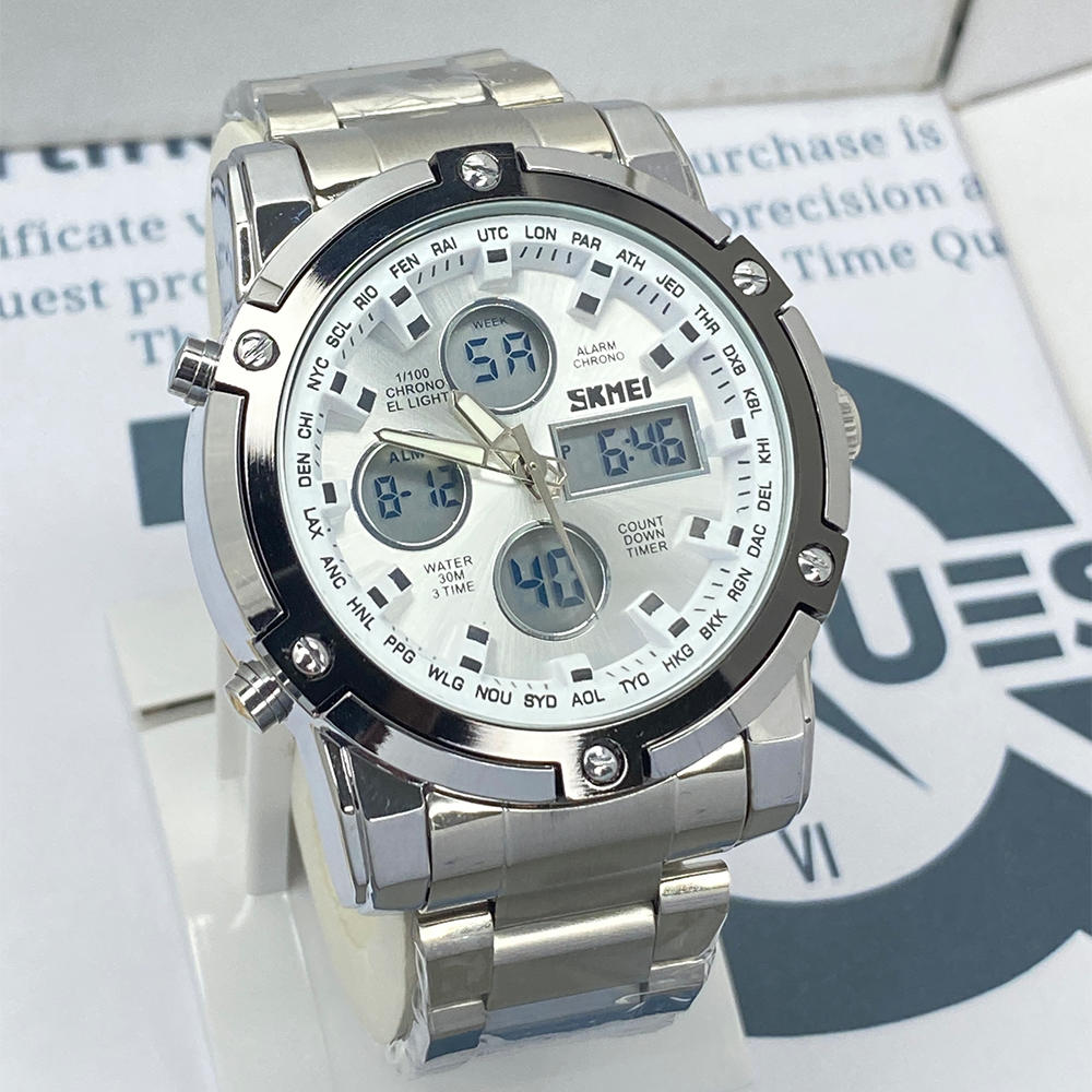 SMK 1389 Dual Time Chain Watch with Analog-Digital Display Stainless Steel Case Waterproof Alarm Stopwatch & LED Light for Men