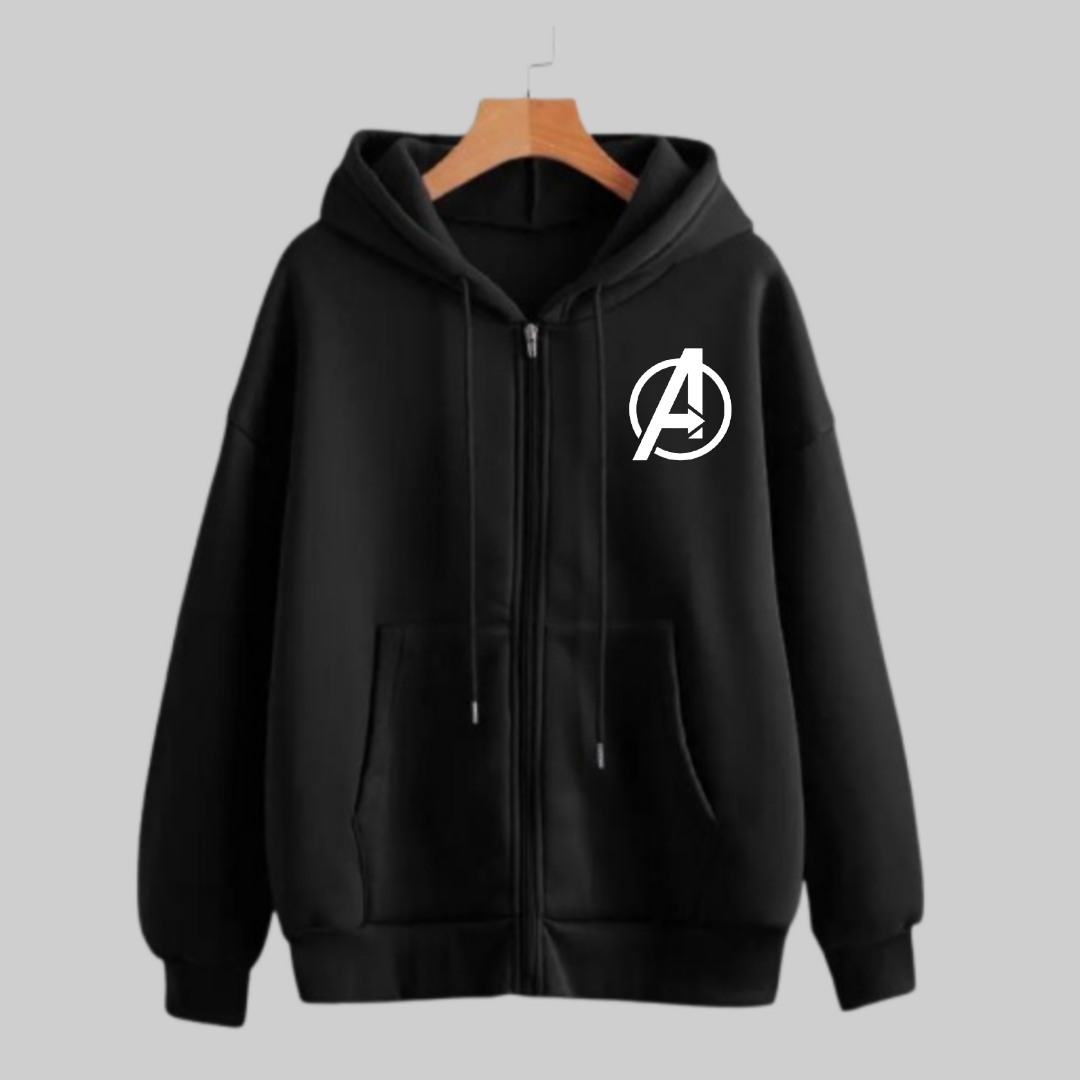 REVIBE - Black Zipper AVENGER Printed Hoodies For Men
