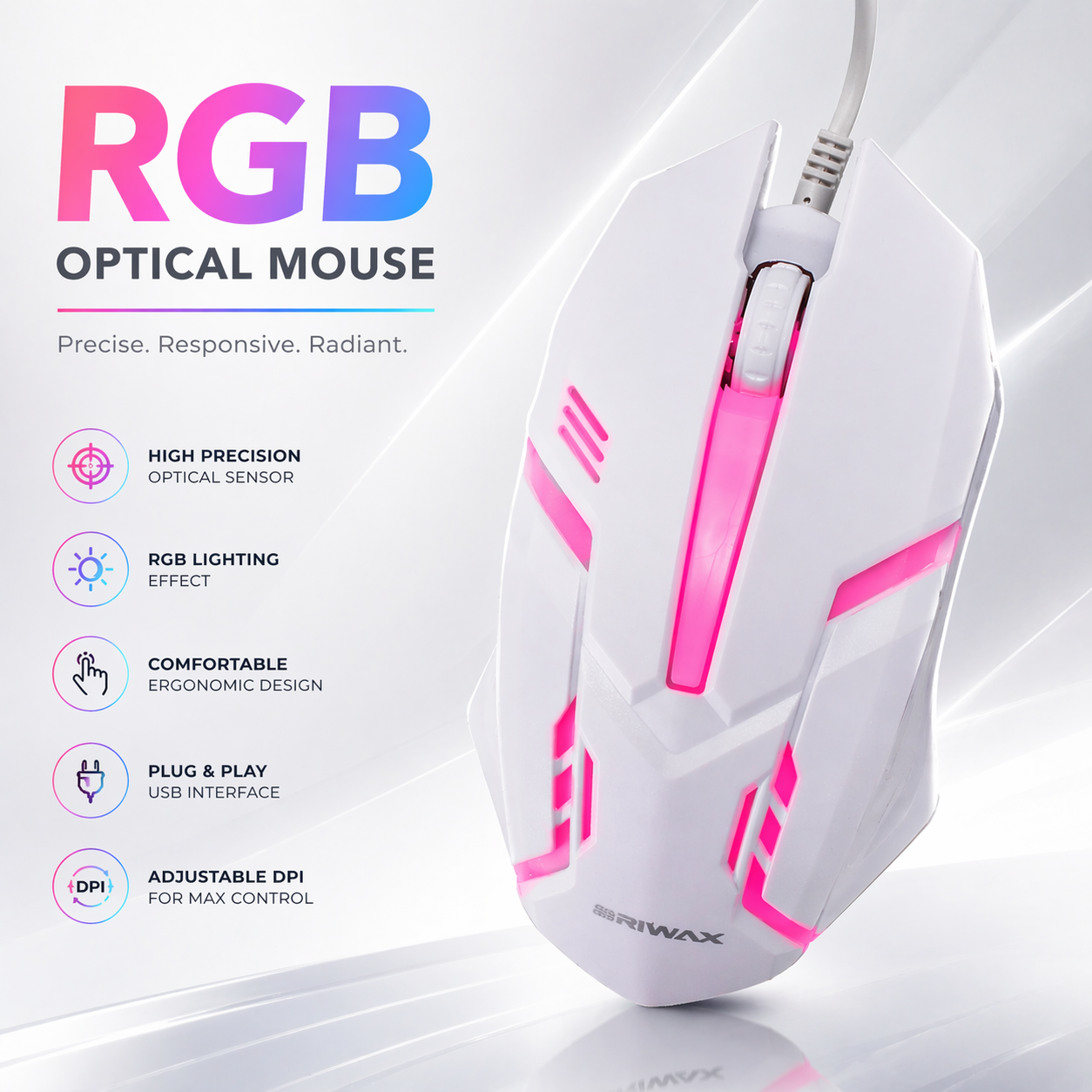 RGB Gaming Mouse 7 Buttons Wired USB Optical Mouse with 4 DPI Levels, Side Buttons, LED Lights, Free Mouse Pad for PC Laptop PUBG / Black and White Light Mice by Panorama