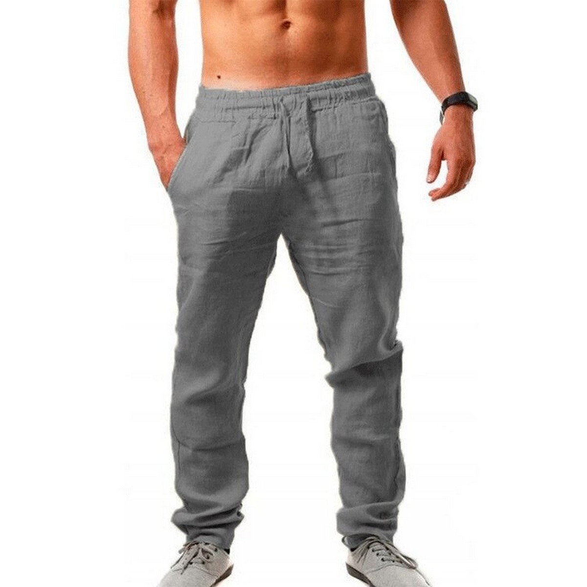 Hot Men Cotton Linen Trousers Solid 