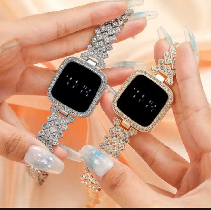 Full Diamond Touch Screen LED Watch Steel Chain with Diamonds Ladies Watches for Female Women Girls