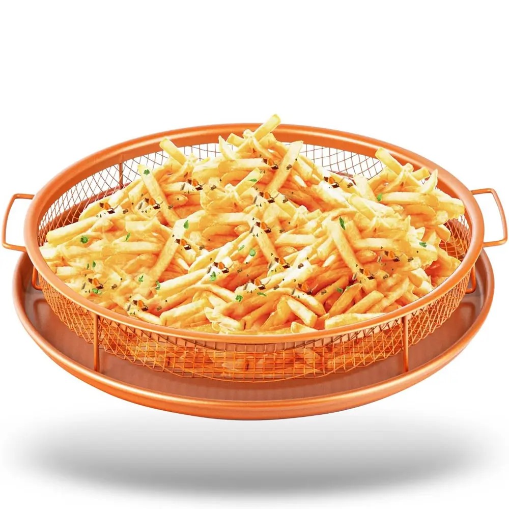 Copper Crisper Tray Round Air Fryer Tray For Oven Deluxe Air Fry In Your Oven 2-Piece Set, Air Fryer Baking Pan Air Fryer Basket For Oven